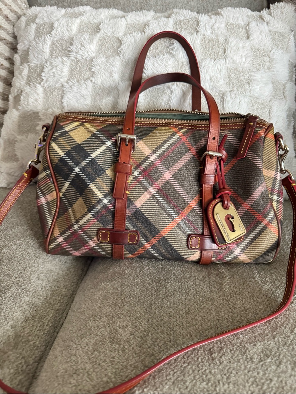 Dooney and Bourke Plaid Satchel Bag with Brown Leather Trim